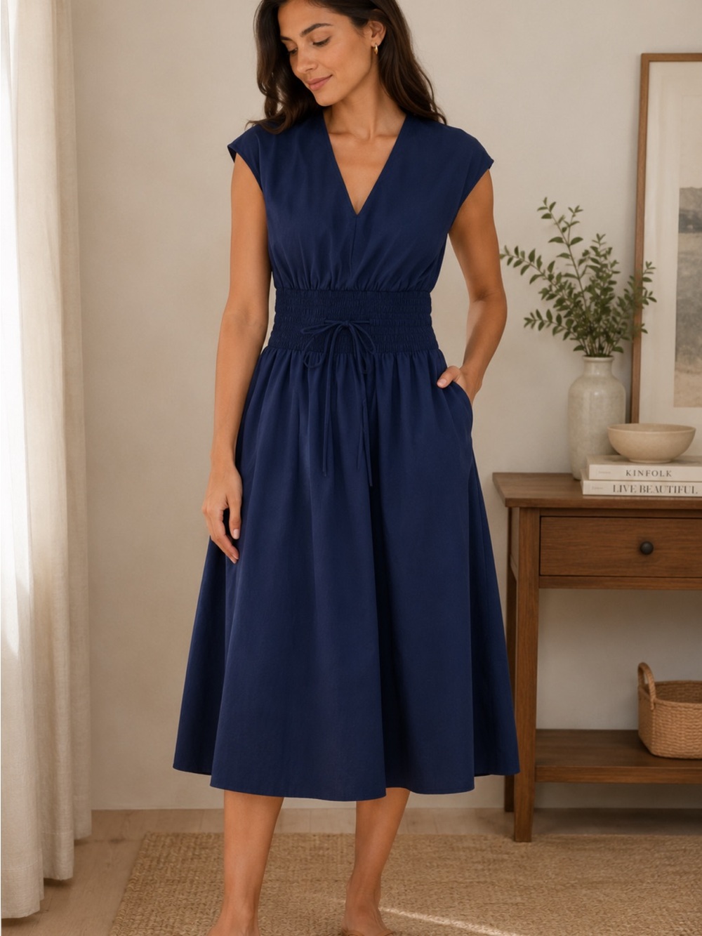 SPANX Navy Blue Midi Dress with Smocked Waist